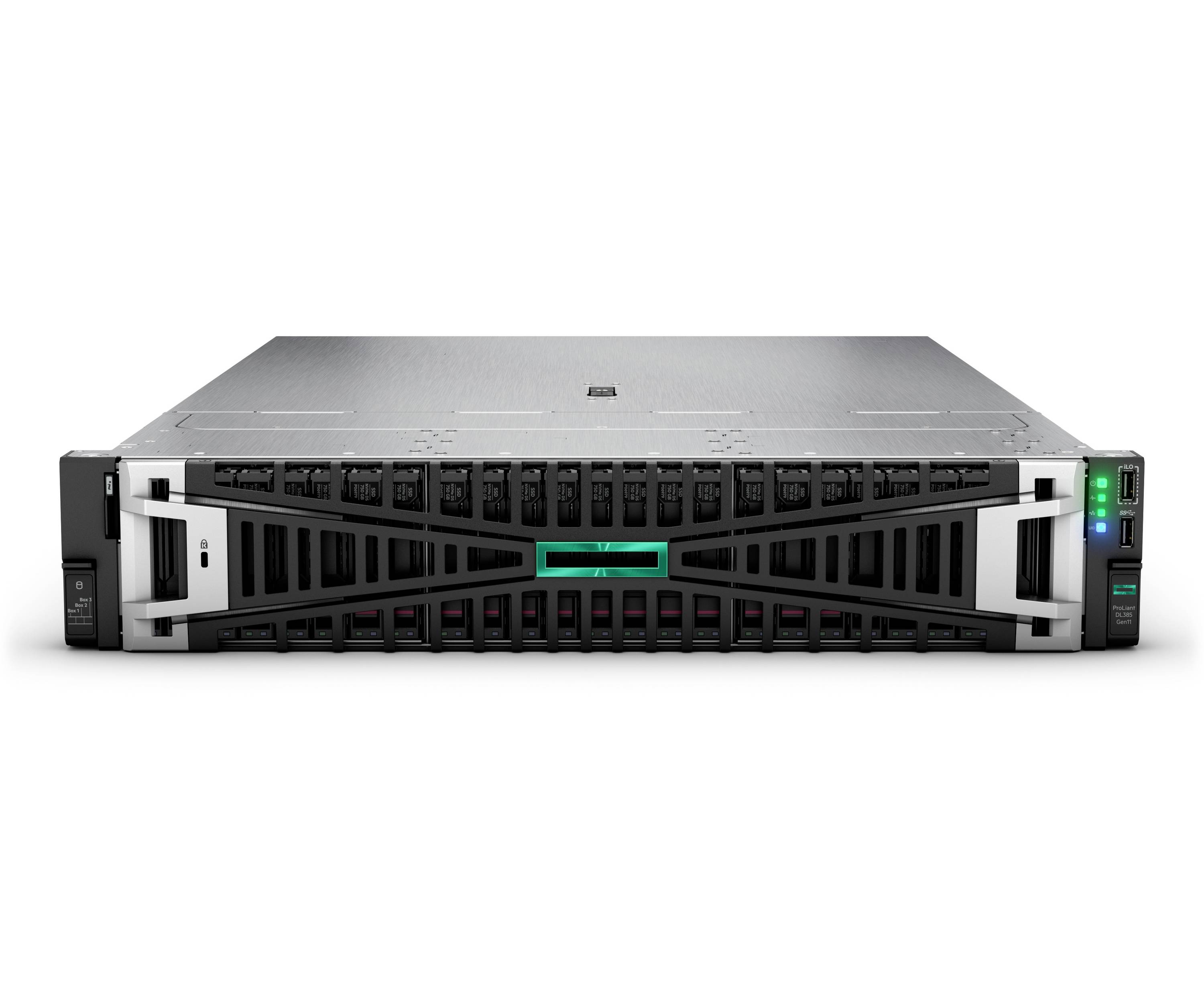 Frontansicht eines in einem Rack montierten Servers oder einer Speichereinheit mit mehreren Festplattenschächten und Statusleuchten auf weißem Hintergrund.