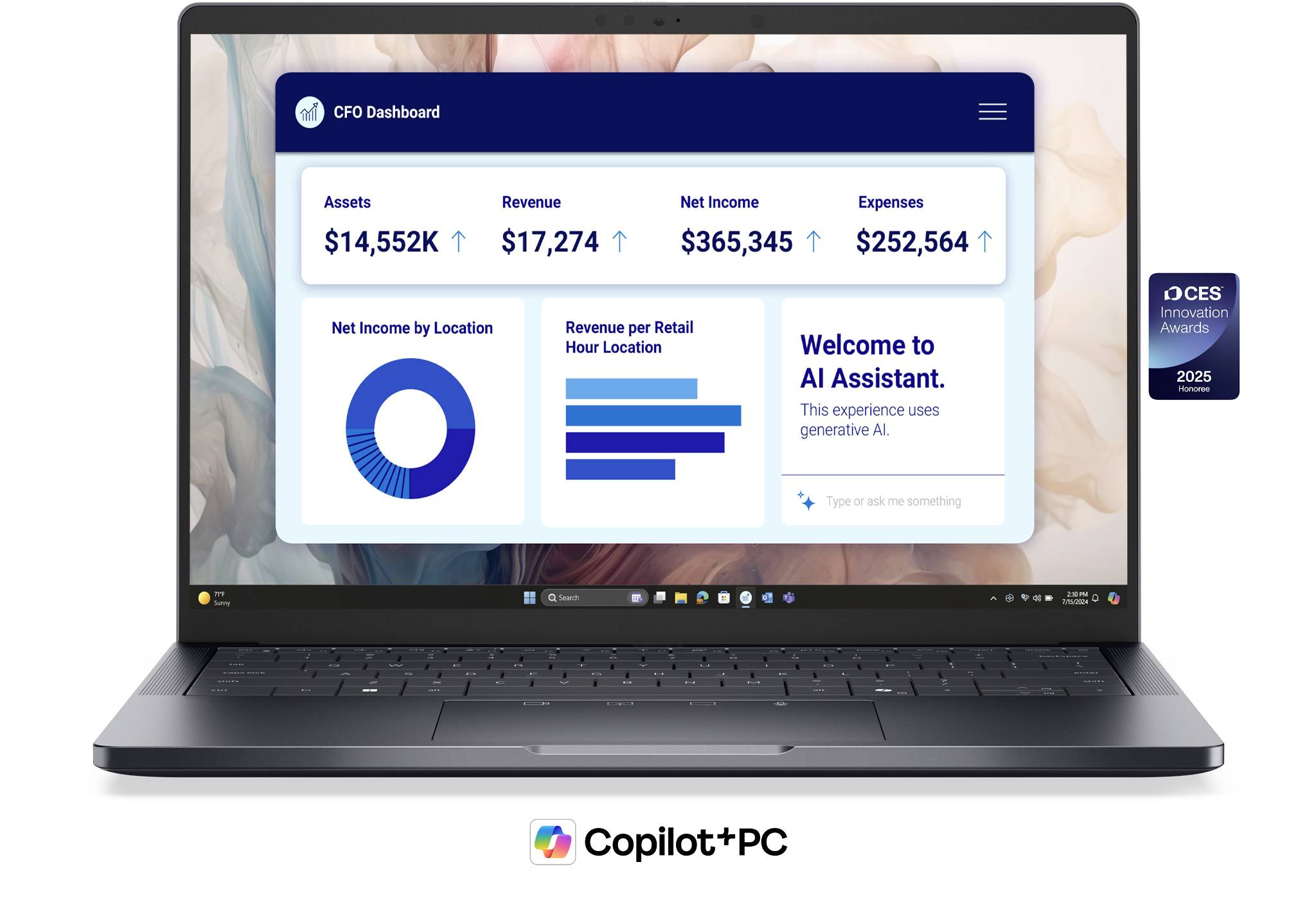 Ein Laptop zeigt ein CFO-Dashboard mit Finanzkennzahlen, Ringdiagrammen und Balkendiagrammen sowie einen "Willkommen beim KI-Assistenten"-Bereich an; Copilot+PC-Logo darunter.