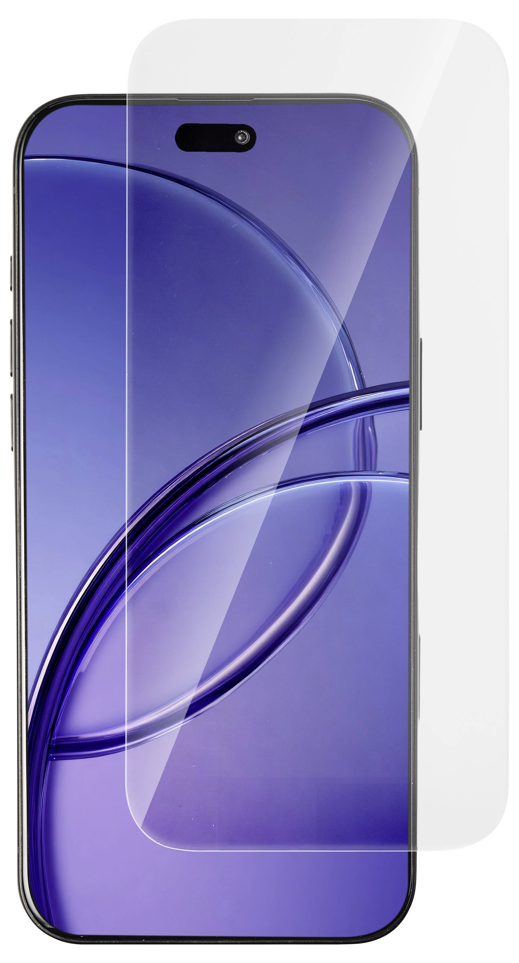 Vorderansicht eines Smartphones mit violett-blauem Bildschirm und zentrierter Loch-Kamera, gezeigt mit transparenter Hülle oder Bildschirmschutzfolien-Overlay.