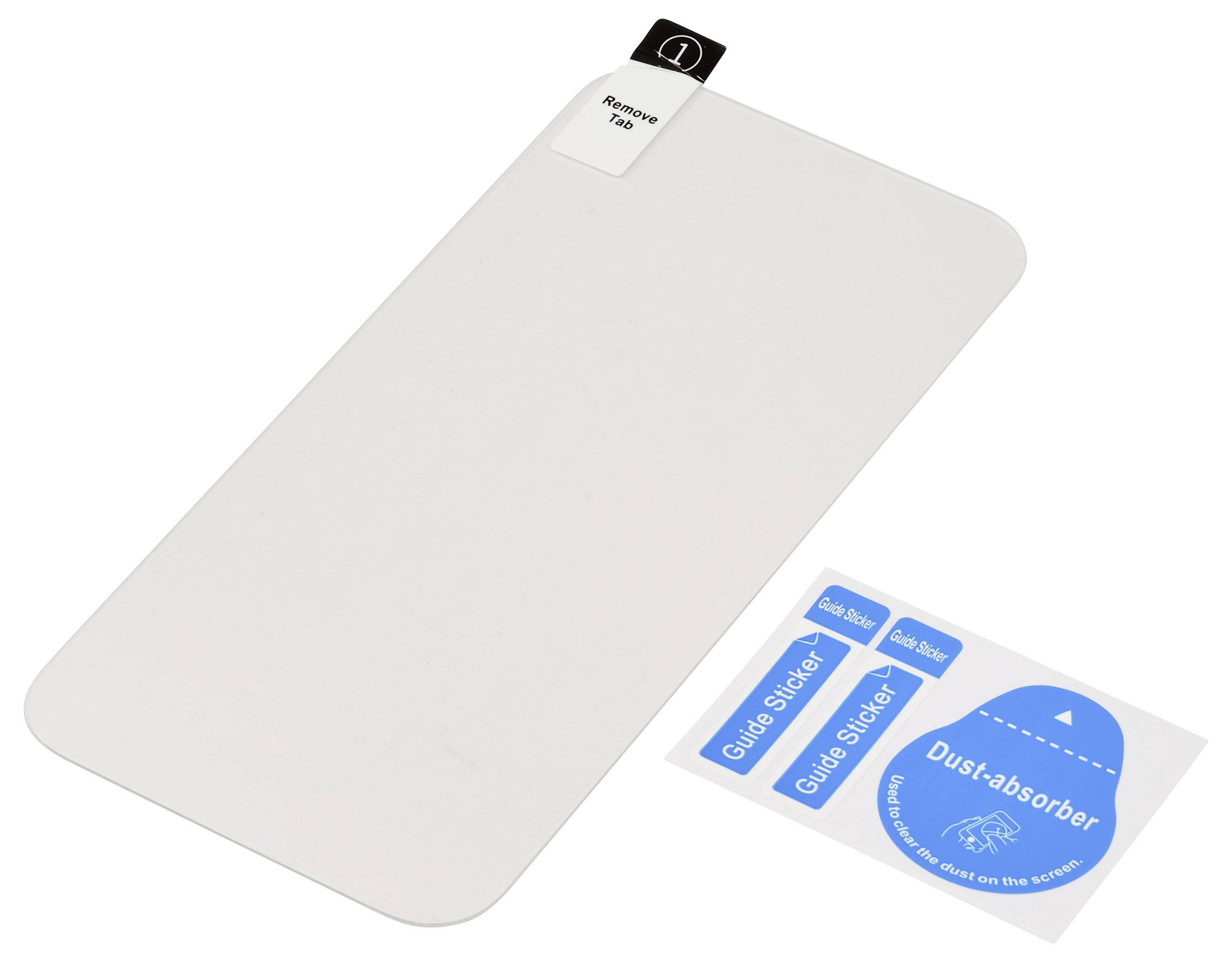 Ein matter Displayschutz mit einer Registerkarte zum Abziehen mit der Beschriftung „Remove TAB" und ein „Guide sticker"-Blatt mit „Dust-absorber"-Aufklebern.