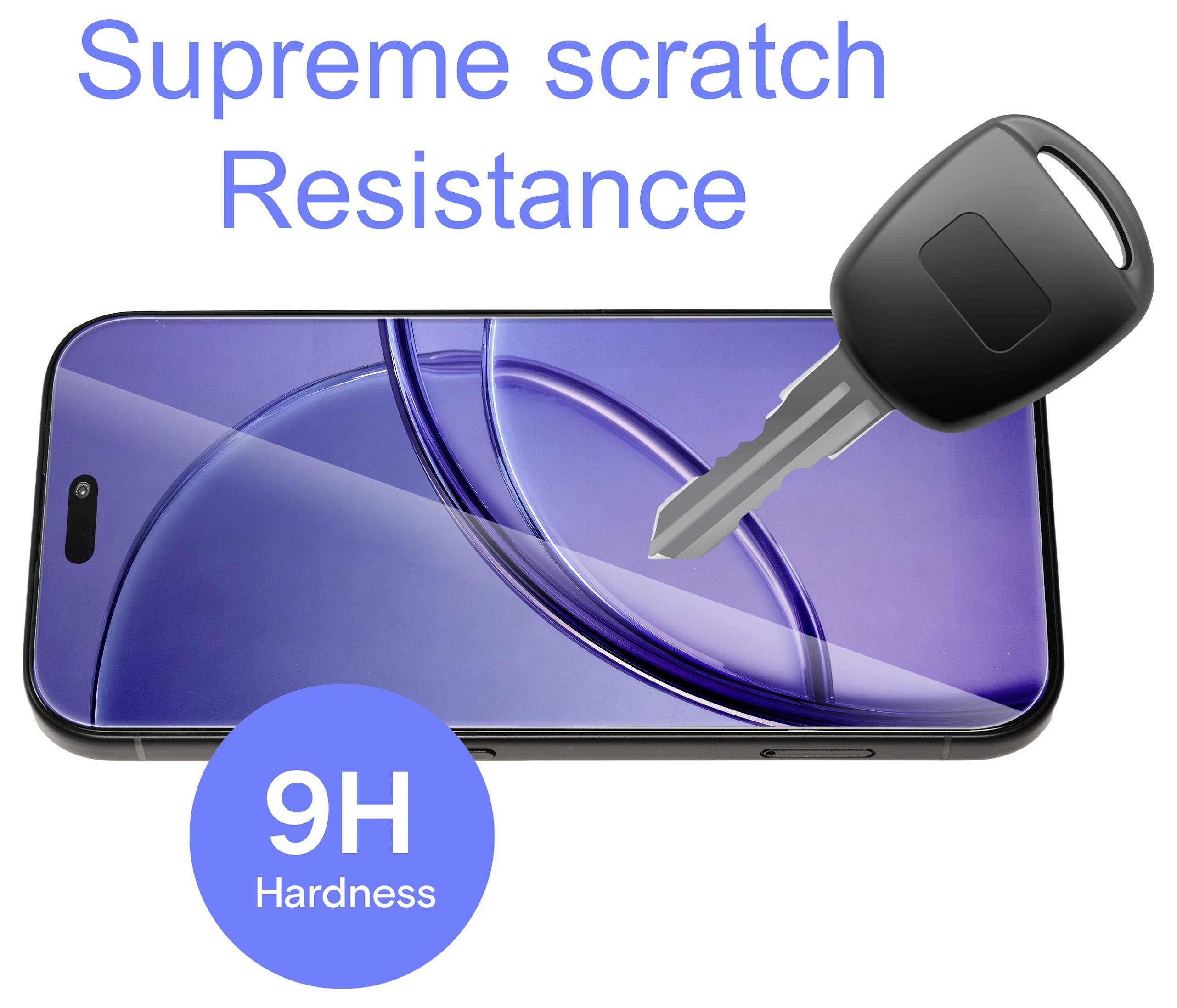 Werbegrafik eines Smartphone-Displayschutzes mit Schlüssel und Text „Supreme scratch Resistance" und „9H Hardness", die Kratzerbeständigkeit zeigt.