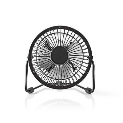 Kleiner schwarzer Tischventilator mit rundum Schutzgitter und neigbarem Metallständer auf weißem Hintergrund.