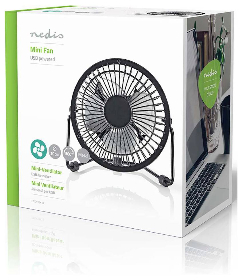 Nedis USB-betriebener Mini-Ventilator in Produktverpackung, zeigt einen schwarzen 10 cm Tischventilator mit 360°-Verstellung.