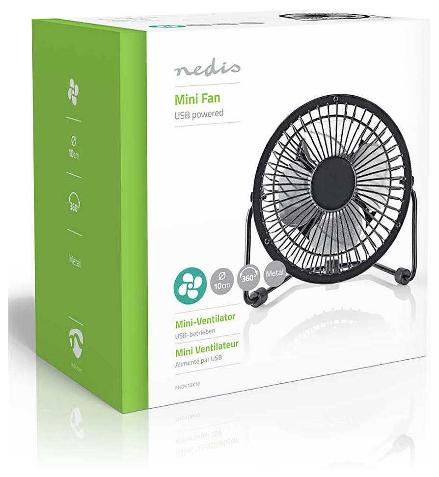 Produktbox für einen USB-betriebenen Mini-Lüfter von Nedis mit einem schwarzen 10-cm-Metalllüfter und Funktionssymbolen.