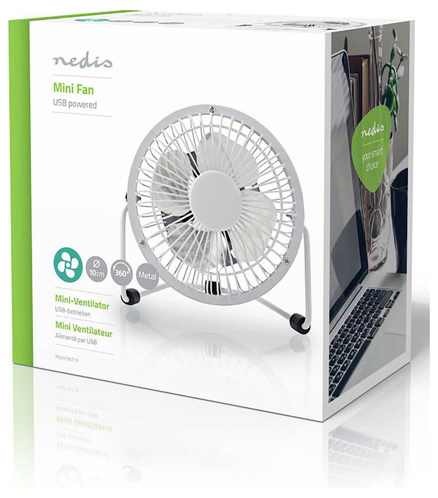 Produktbox für einen Nedis USB-betriebenen Mini-Ventilator mit einem kleinen weißen Metall-Schreibtischventilator auf der Verpackung.