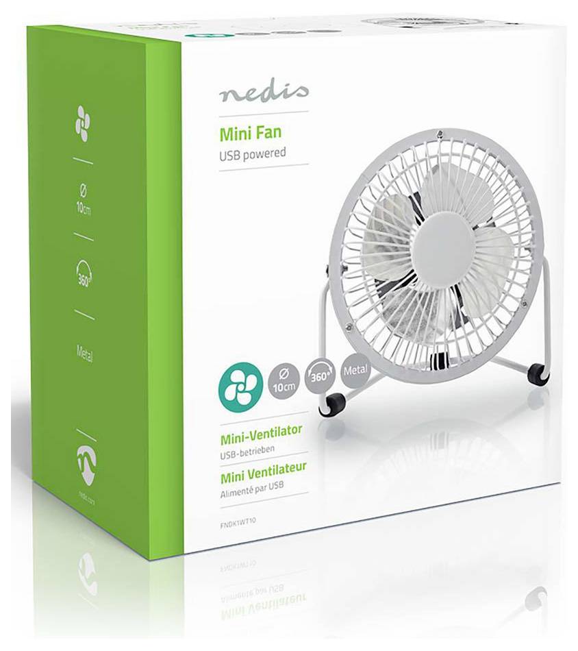 Produktbox für einen Nedis Mini-Ventilator, USB-betrieben, mit einem kleinen weißen Tischventilator und Symbolen für 10 cm Größe, 360°-Rotation und Metallblätter.