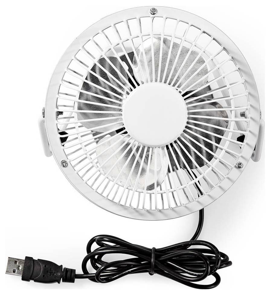 Kleiner weißer USB-Schreibtischventilator mit schwarzem Stromkabel und Stecker, Vorderansicht auf weißem Hintergrund.