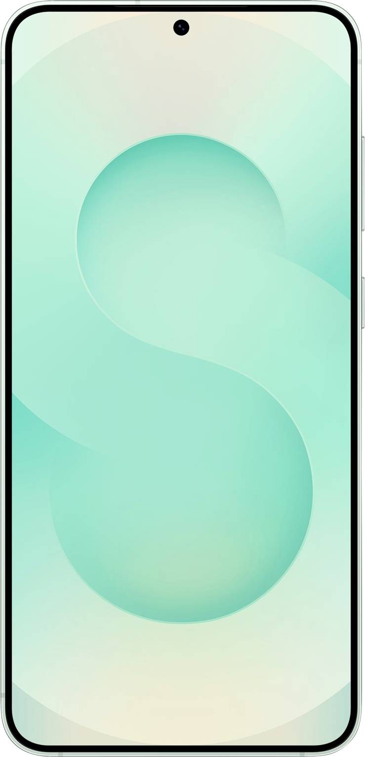 Vorderansicht eines Smartphones, das eine mintgrüne abstrakte Tapete mit einer großen stilisierten "S"-Form und einer zentrierten Punch-Hole-Kamera anzeigt.