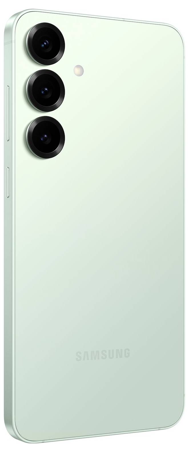Rückansicht eines mintgrünen Samsung-Smartphones mit drei vertikal angeordneten Rückkameras und einem Blitz in der oberen linken Ecke.