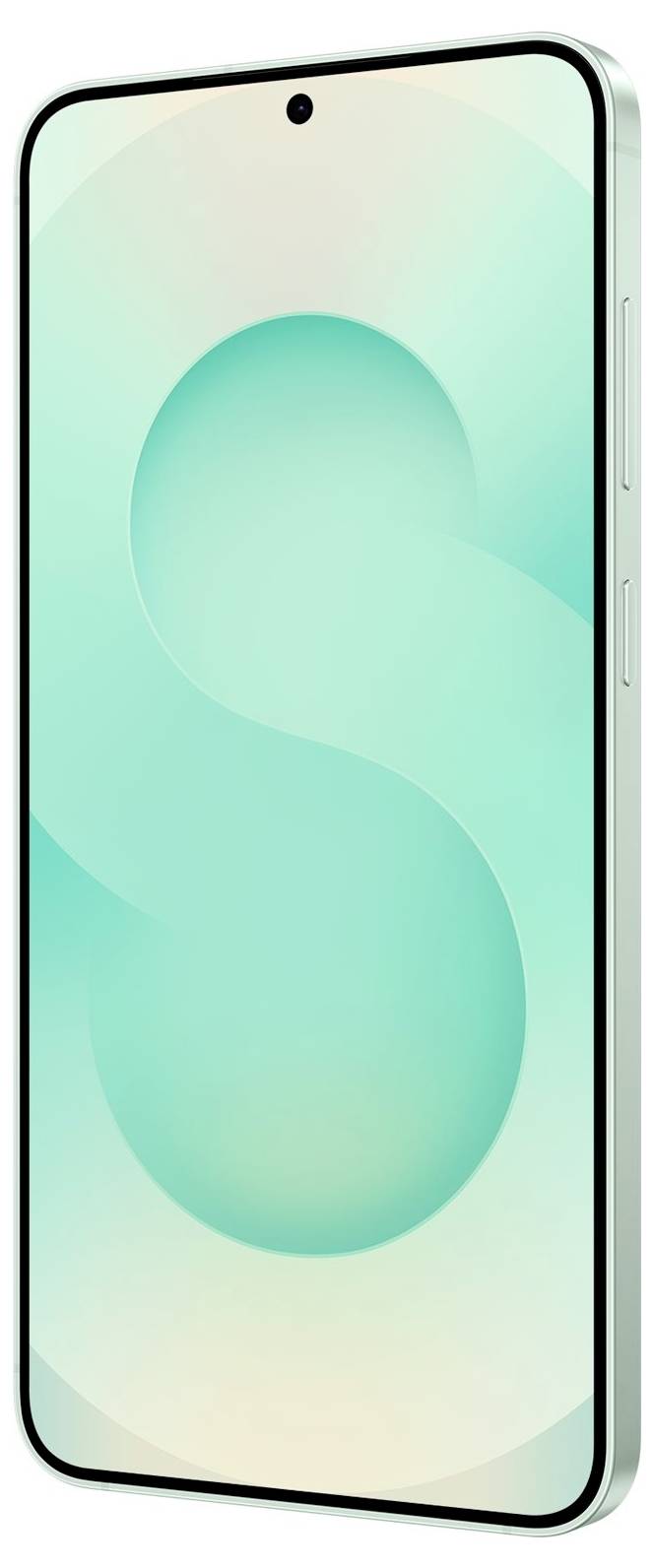 Vorderansicht eines Smartphones mit einer türkisfarbenen 'S'-Tapete auf einem Bildschirm mit hellem Farbverlauf, leicht angewinkelt dargestellt.
