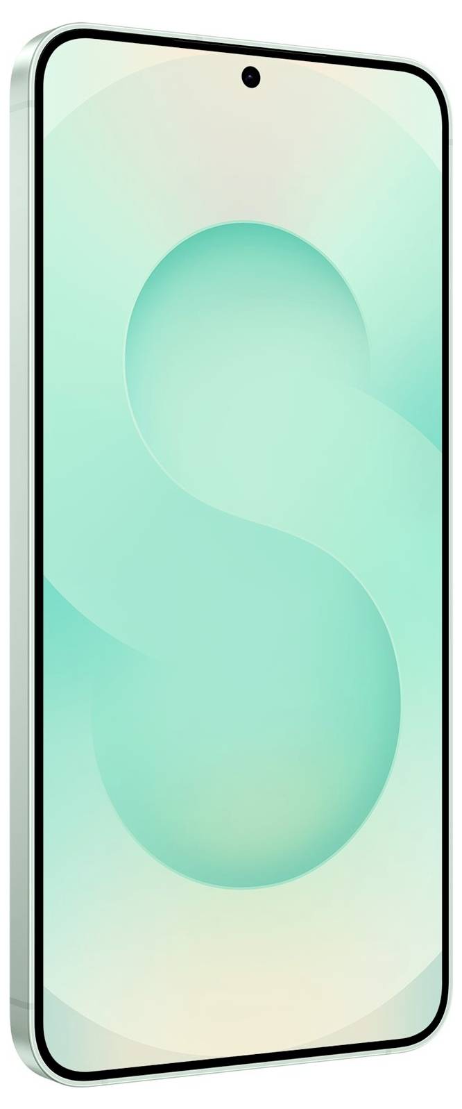 Frontansicht eines mintgrünen Smartphones mit zentraler Loch-Kamera und abstraktem grünem „S"-Hintergrundbild auf dem Bildschirm.