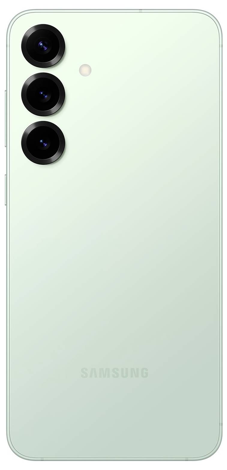 Rückseite eines mintgrünen Samsung-Smartphones mit drei vertikal angeordneten Rückfahrtkameras und einem kleinen Blitz.