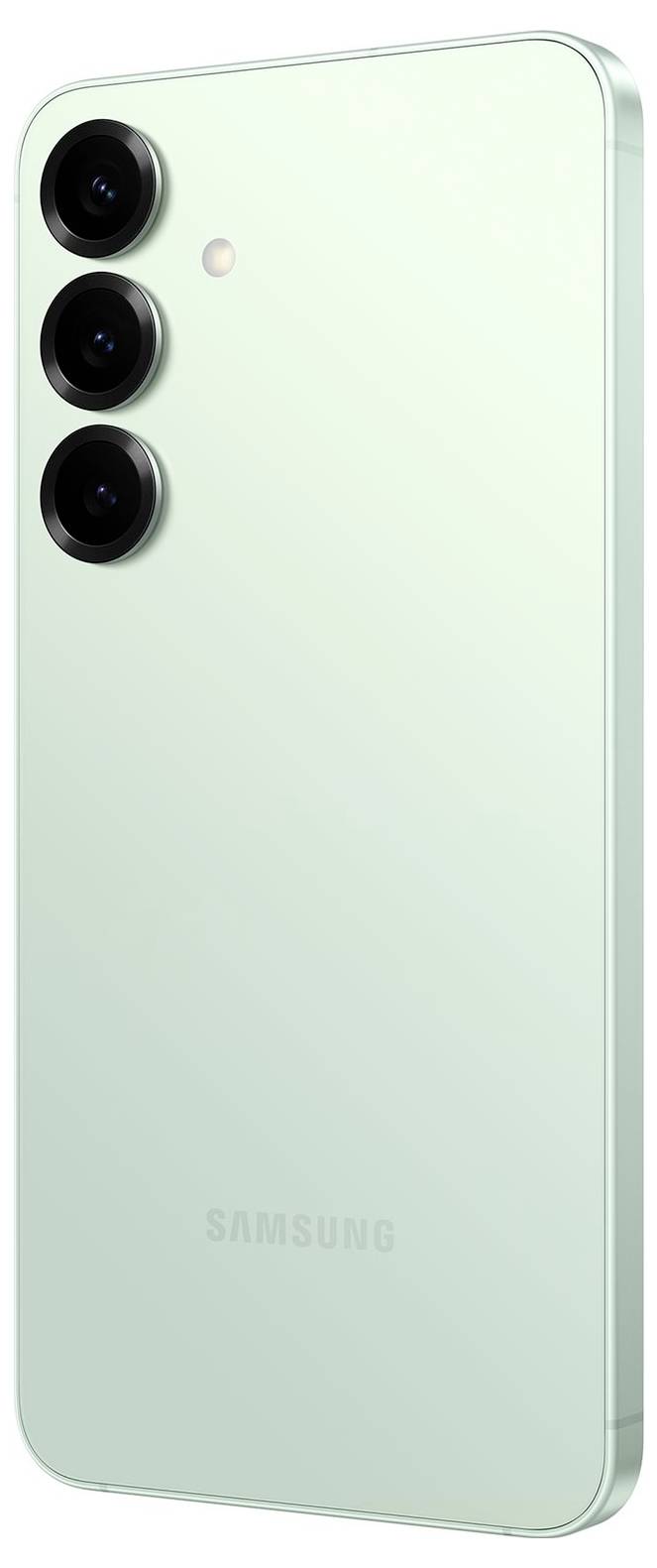 Rückseite eines mintgrünen Samsung-Smartphones mit drei vertikal angeordneten rückwärtigen Kameras und einem kleinen Blitz.