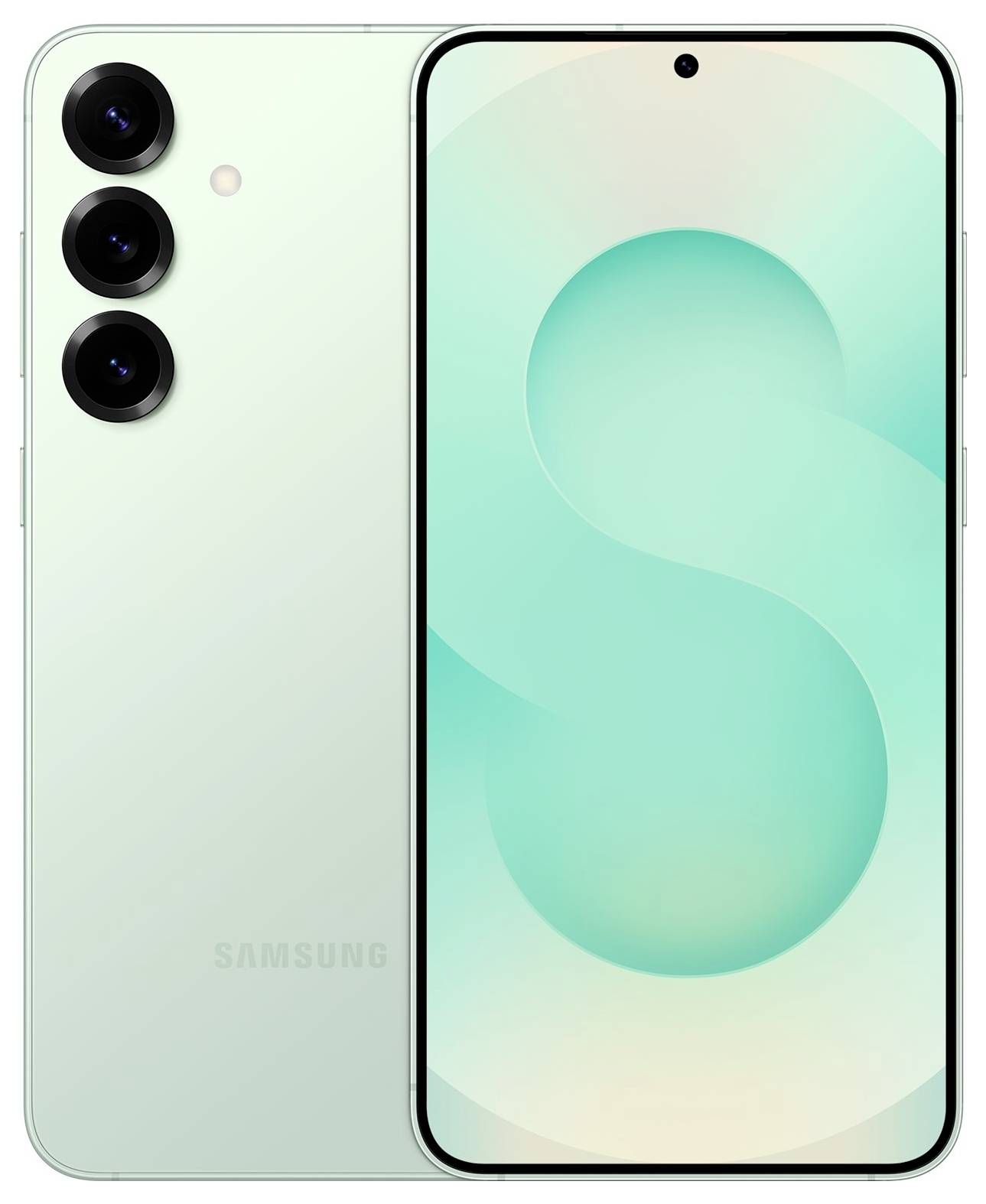 Vorder- und Rückansicht eines mintgrünen Samsung-Smartphones mit drei rückwärtigen Kameras und einem zentrierten Loch-Display, das eine große blaugrüne "S"-Tapete zeigt.