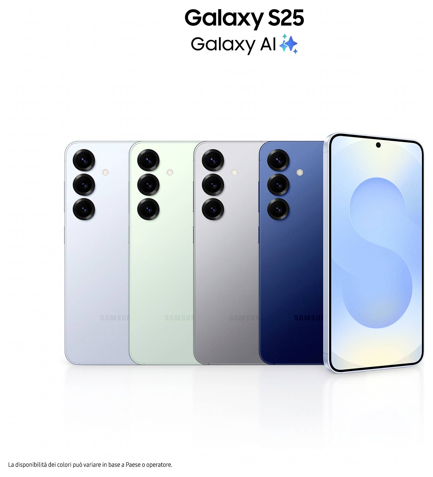 Samsung Galaxy S25 und Galaxy AI-Werbung mit fünf Farboptionen für Telefone, mit einem Frontdisplay auf der rechten Seite und dreifachen Rückenkameras auf jedem Rücken.