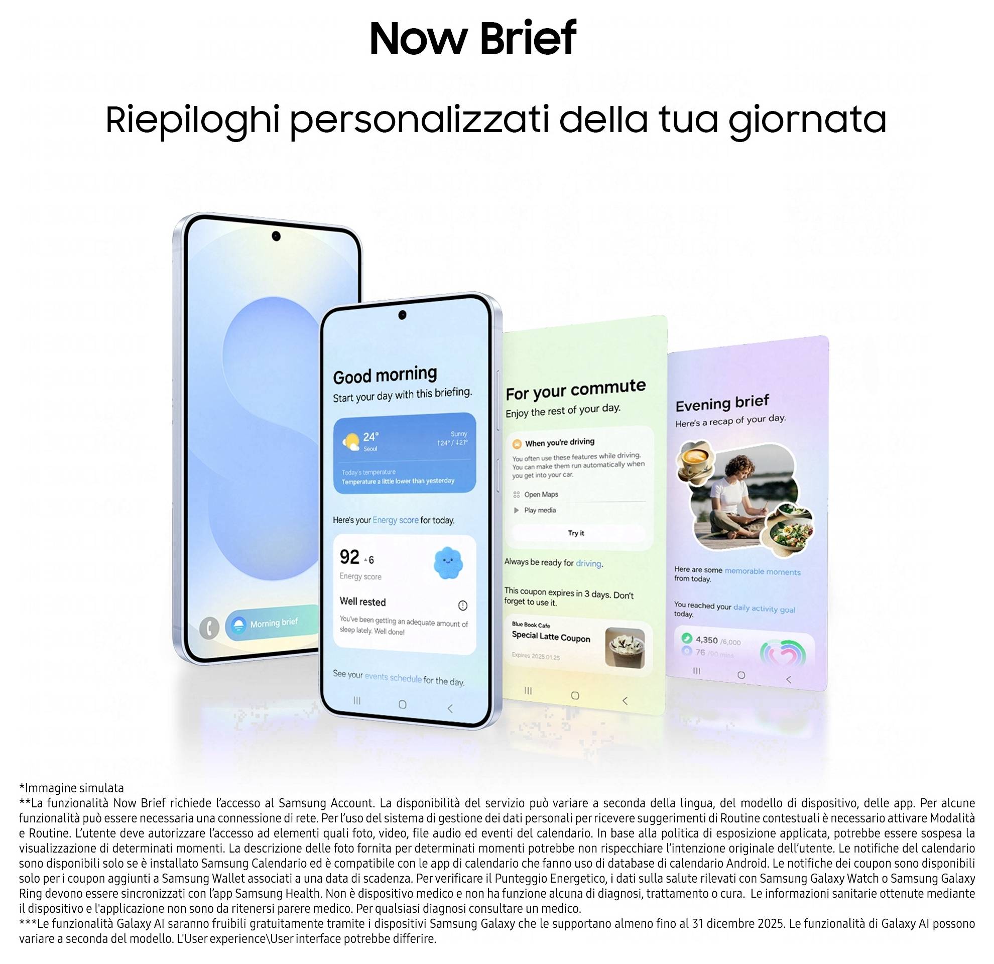 Samsung Now Brief Promo - Zeigt personalisierte tägliche Zusammenfassungen auf Telefonbildschirmen für Morgen, Pendeln und Abend.