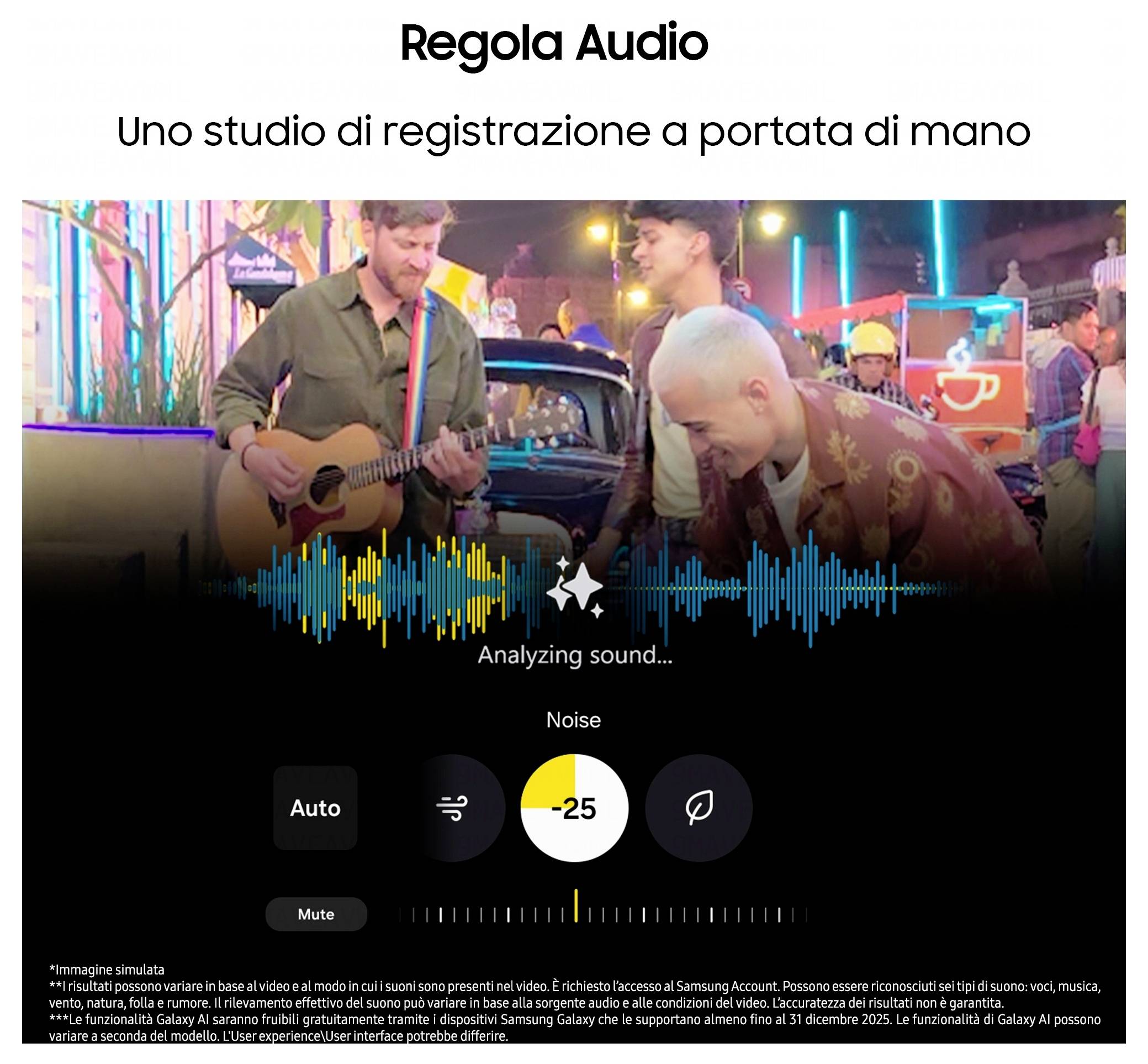 Promotionsbildschirm für "Regola Audio" mit Musikern, die aufgenommen werden, mit einer Audiowellenform und Rauschunterdrückung auf -25 eingestellt, während "Sound wird analysiert..." angezeigt wird.