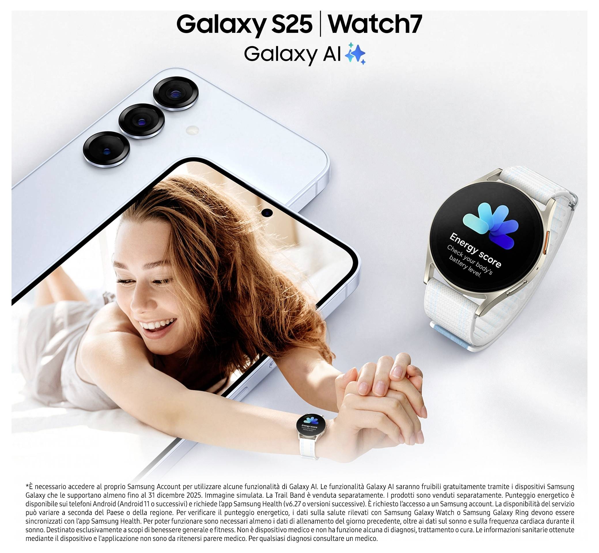 Samsung Galaxy S25 und Galaxy Watch7 Werbebild mit Galaxy AI, das eine lächelnde Frau auf dem Telefonbildschirm und die Uhr mit einem „Energy Score"-Symbol zeigt.