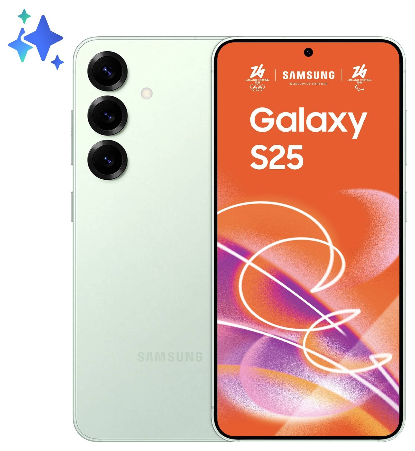 Samsung Galaxy S25 Smartphone von vorne und hinten gezeigt, mintgrüne Rückseite mit Dreifachkamera und vorderes Display mit der Aufschrift „Galaxy S25".