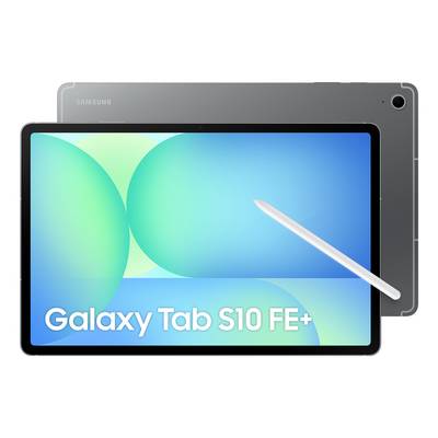 Samsung Galaxy Tab S10 FE+ Tablet mit Stylus, vorne und hinten auf weißem Hintergrund gezeigt.
