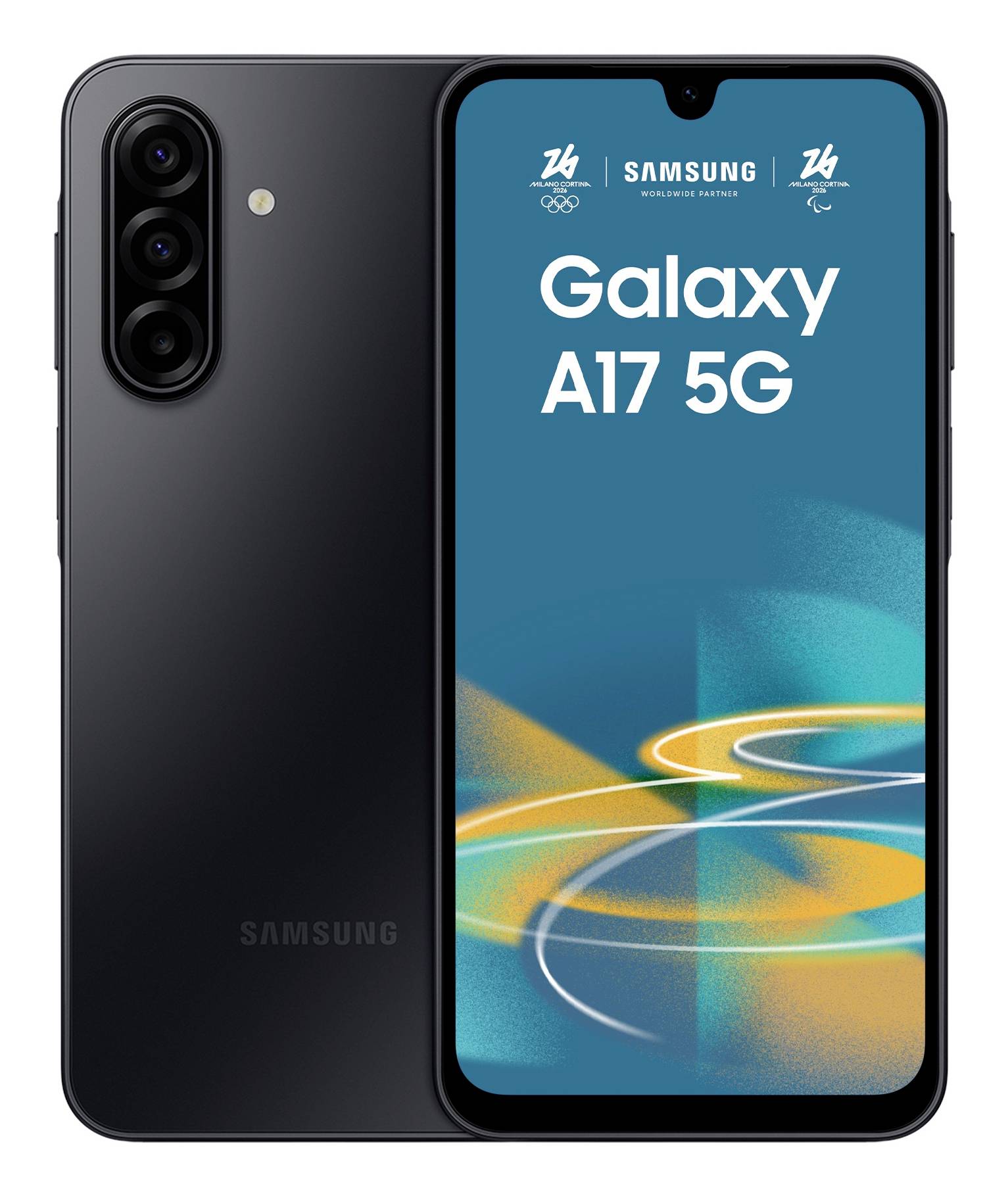 Samsung Galaxy A17 5G Smartphone von vorne und hinten gezeigt, mit Dreifach-Rückfahrkameras und Bildschirm mit dem Namen Galaxy A17 5G.