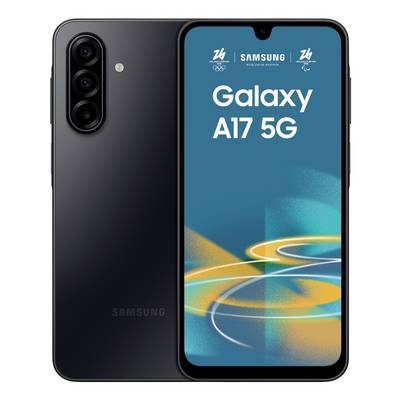Samsung Galaxy A17 5G Smartphone von vorne und hinten gezeigt, mit Dreifach-Rückfahrkameras und Bildschirm mit dem Namen Galaxy A17 5G.