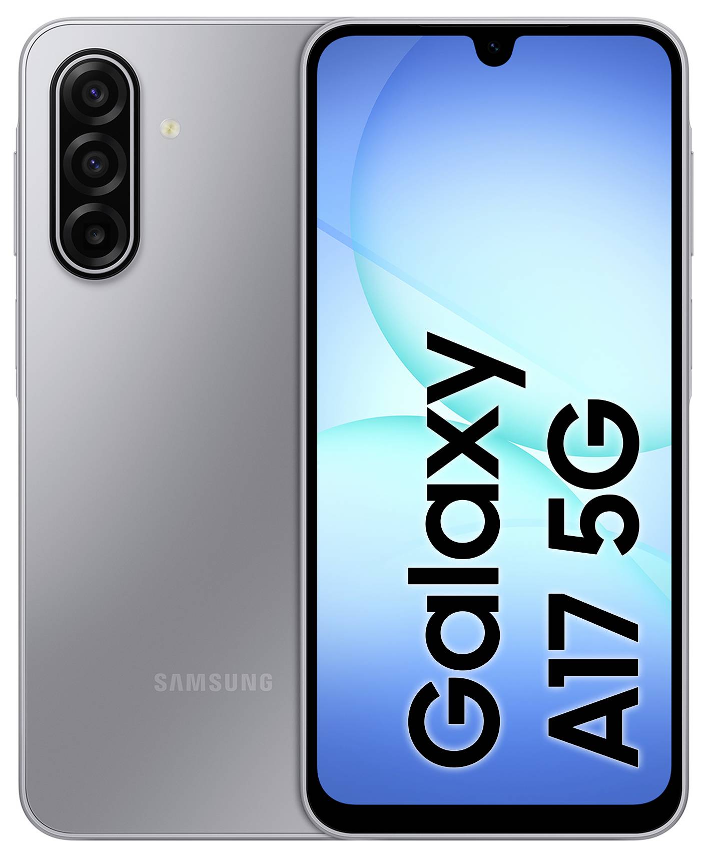 Samsung Galaxy A17 5G Smartphone von vorne und hinten mit dreifacher Rückkamera und „Galaxy A17 5G" auf dem Display.