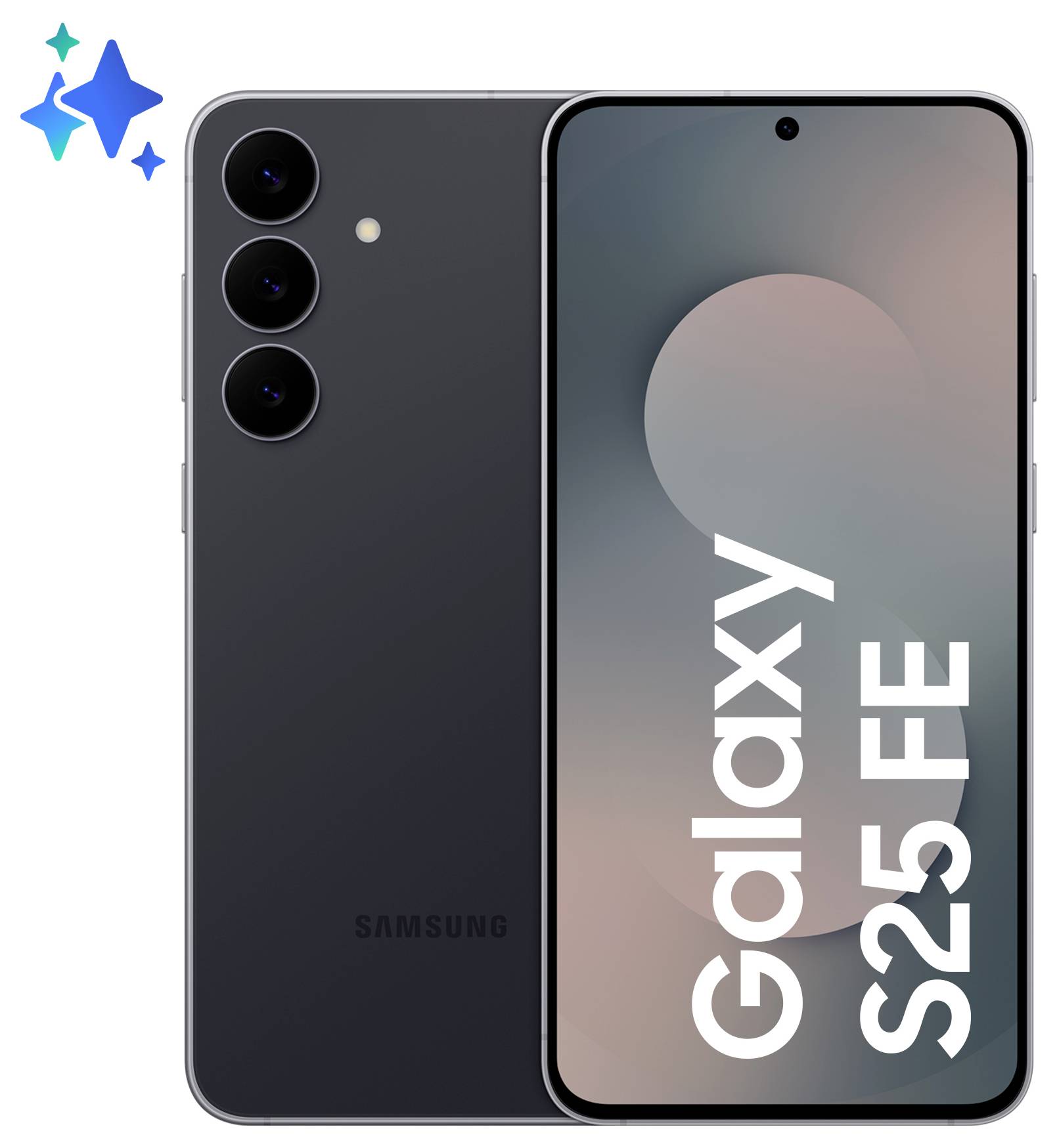Samsung Galaxy S25 FE Smartphone in Schwarz von vorne und hinten gezeigt, mit drei rückseitigen Kameras und dem Display, das "Galaxy S25 FE" anzeigt.