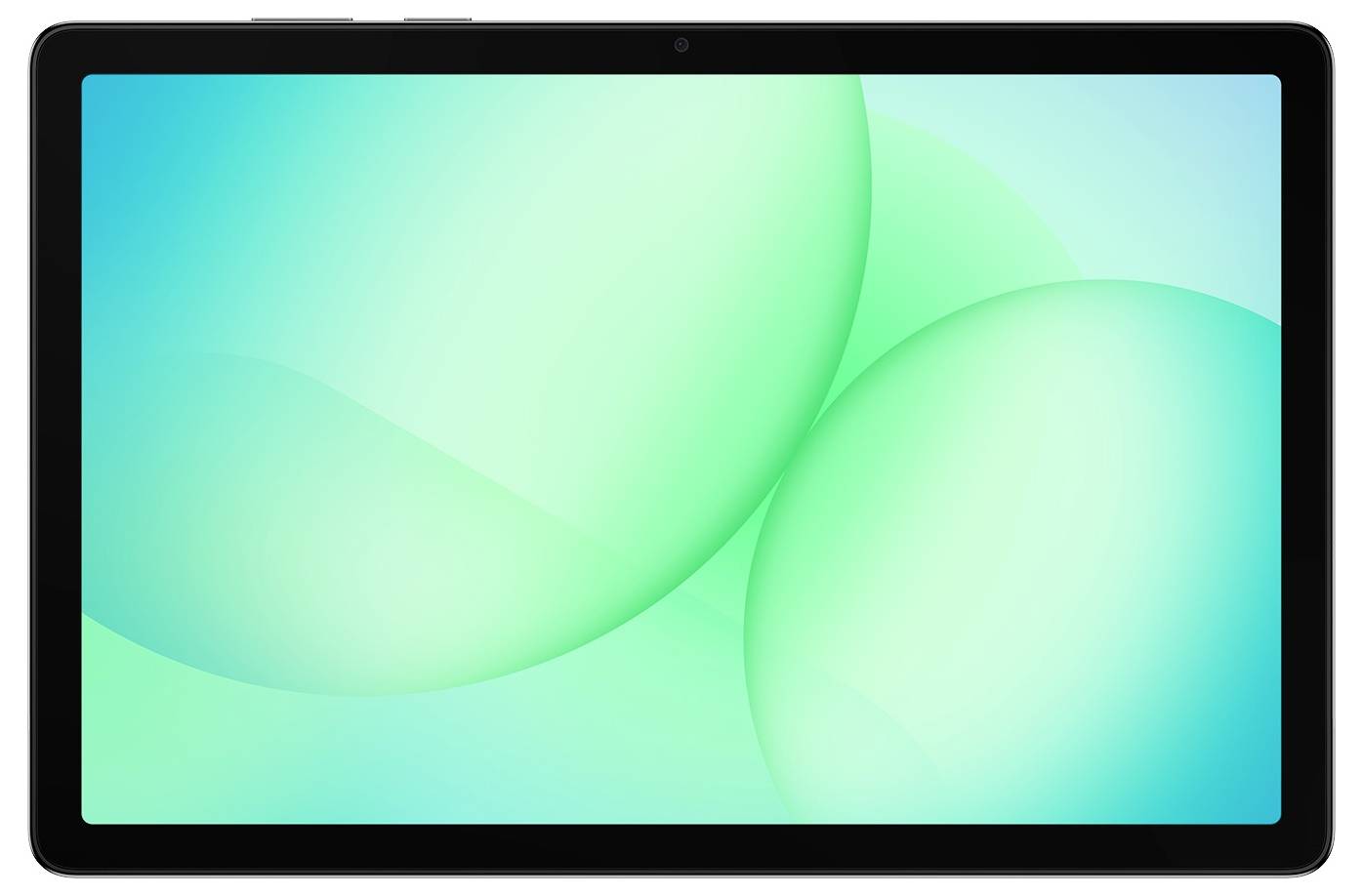 Schwarzes Tablet mit abgerundeten Ecken, das ein abstraktes Farbverlauf-Hintergrundbild in Türkis und Mintgrün anzeigt.