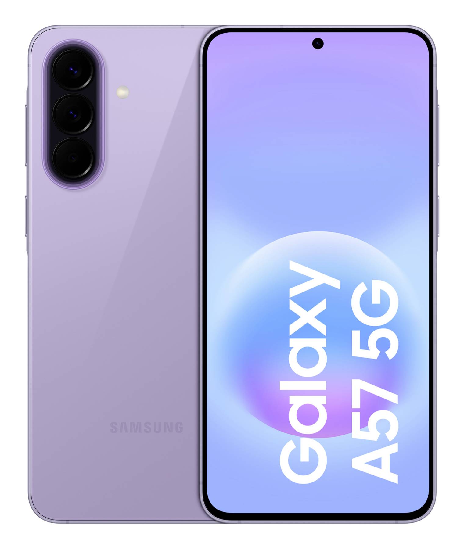 Samsung Galaxy A57 5G Smartphone, von vorne und hinten in Lavendelfarbe gezeigt, mit dreifacher Rückkamera und Punch-Hole-Display.