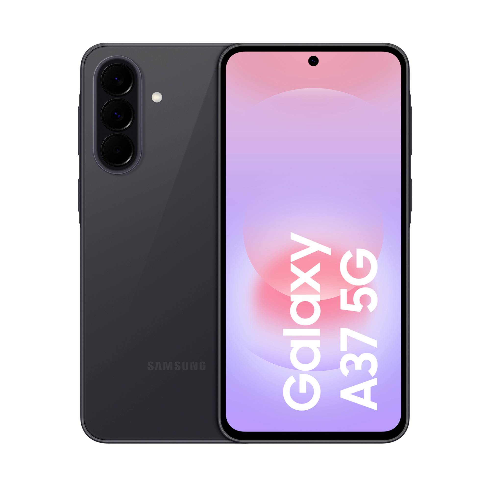 Samsung Galaxy A37 5G Smartphone von vorn und hinten gezeigt, mit schwarzen rückseitigen Kameras und einem rosa-violetten Display, auf dem „Galaxy A37 5G" zu lesen ist.