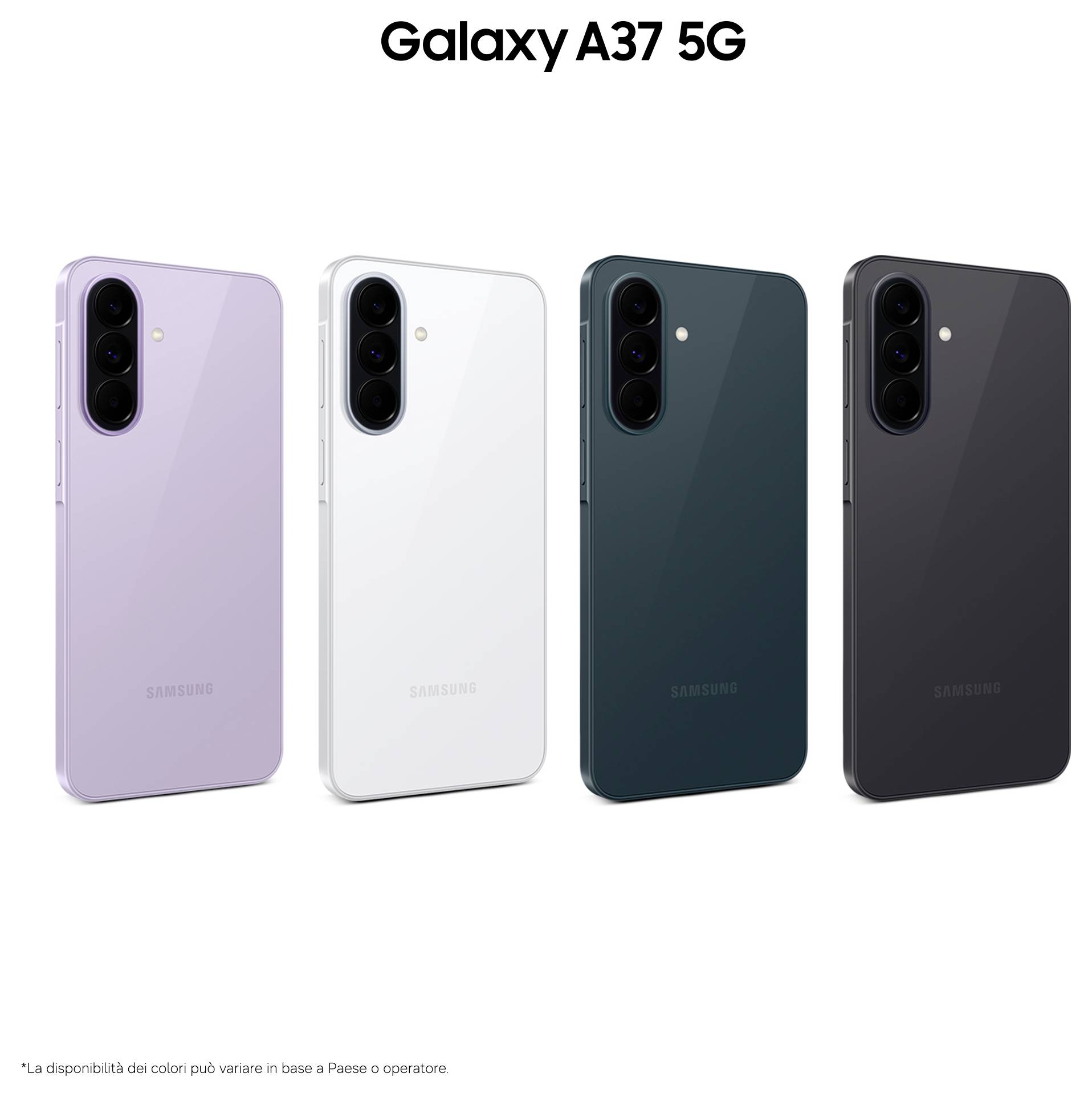 Galaxy A37 5G Smartphone in vier Farben gezeigt: Lavendel, Weiß, Dunkelgrün und Schwarz, mit dreifacher Rückseite Kamera.