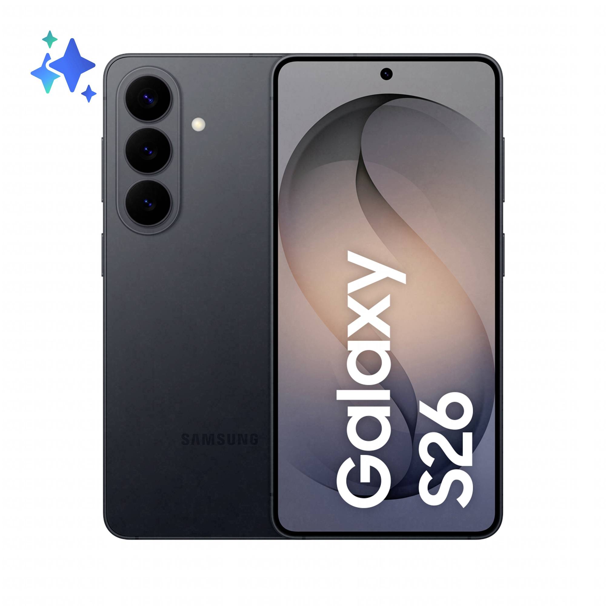 Samsung Galaxy S26 Smartphone in Schwarz von vorne und hinten dargestellt, mit dreifacher Rückkamera und "Galaxy S26"-Text auf dem Display.