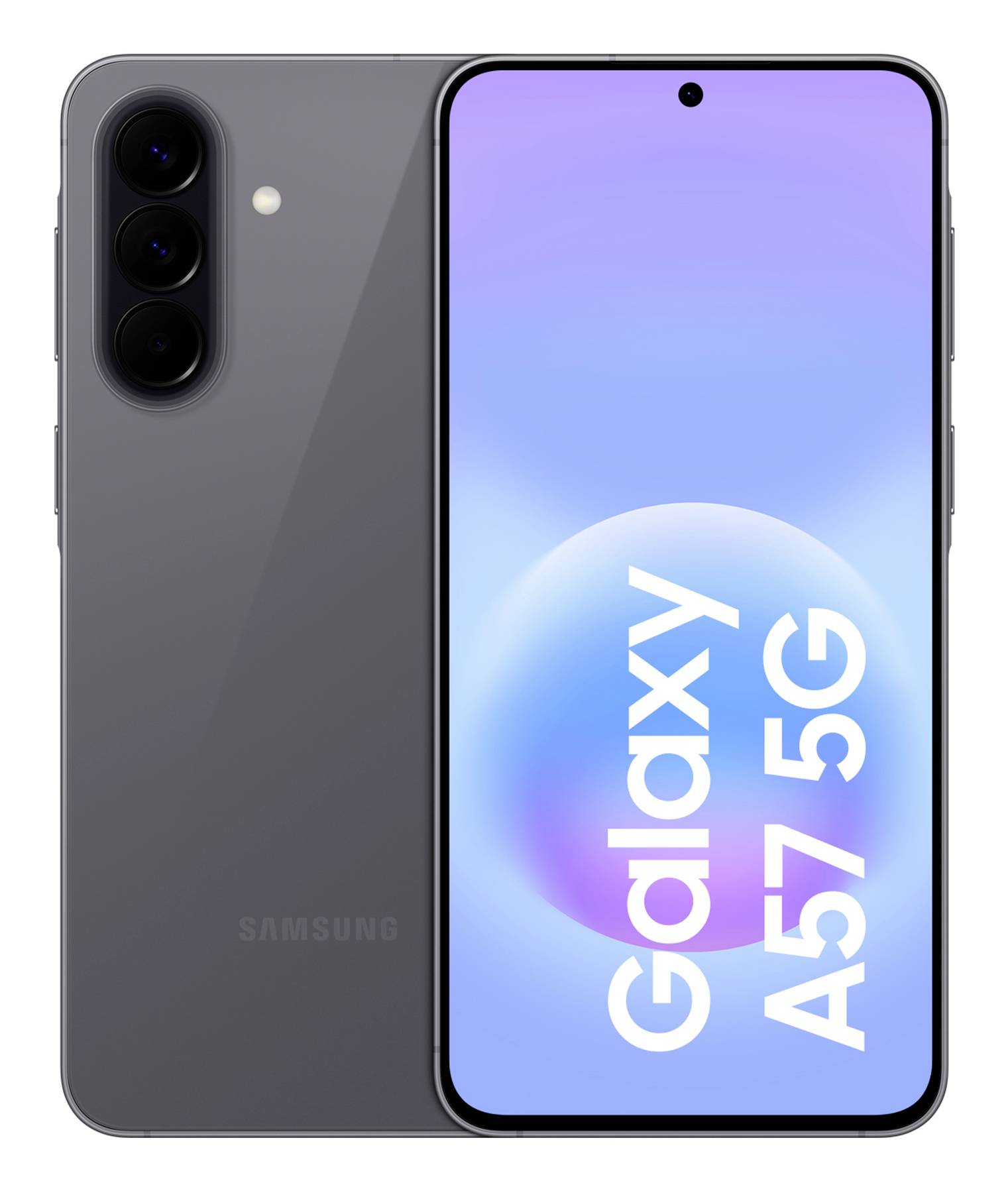 Vorder- und Rückansichten eines Samsung Galaxy A57 5G Smartphones in Grau, das die dreifache Rückkamera und das Display mit "Galaxy A57 5G"-Text zeigt.