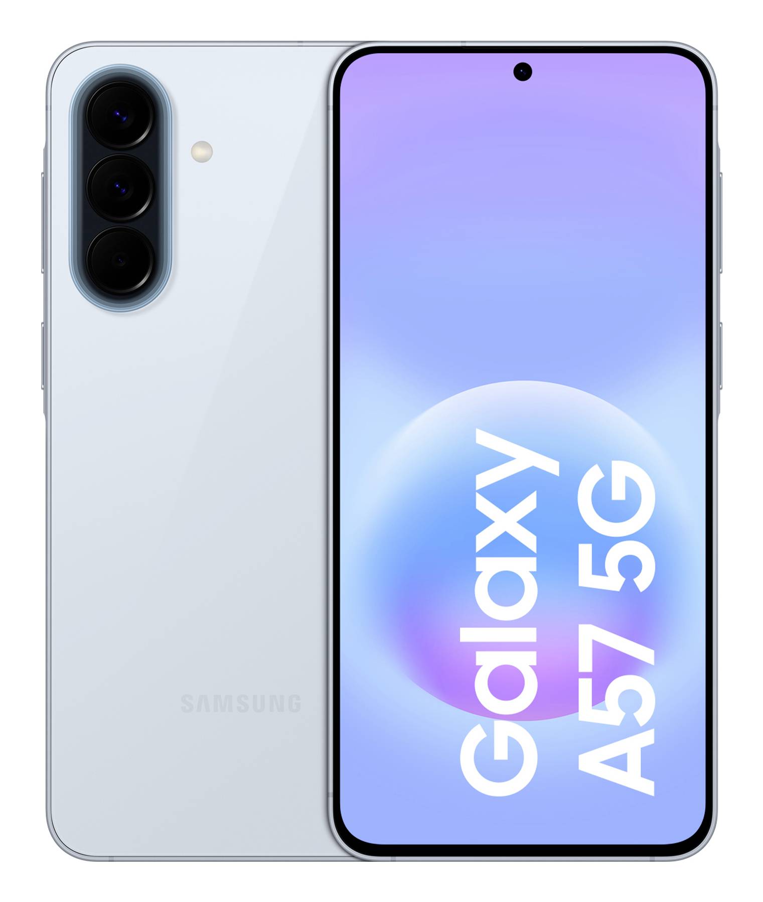 Samsung Galaxy A57 5G Smartphone von vorne und hinten gezeigt, mit einer hellblauen Rückseite, dreifachen Rückfahrkameras und einem Display, das "Galaxy A57 5G" anzeigt.