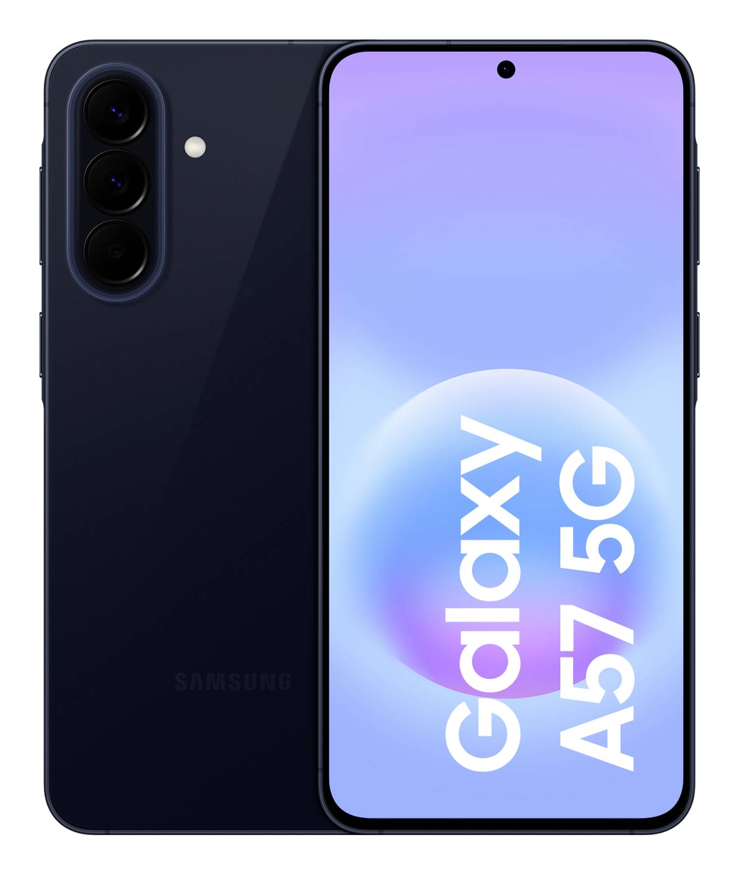 Samsung Galaxy A57 5G Smartphone von vorne und hinten abgebildet, mit schwarzem hinterer Kamera-Array und "Galaxy A57 5G" auf dem Bildschirm angezeigt.