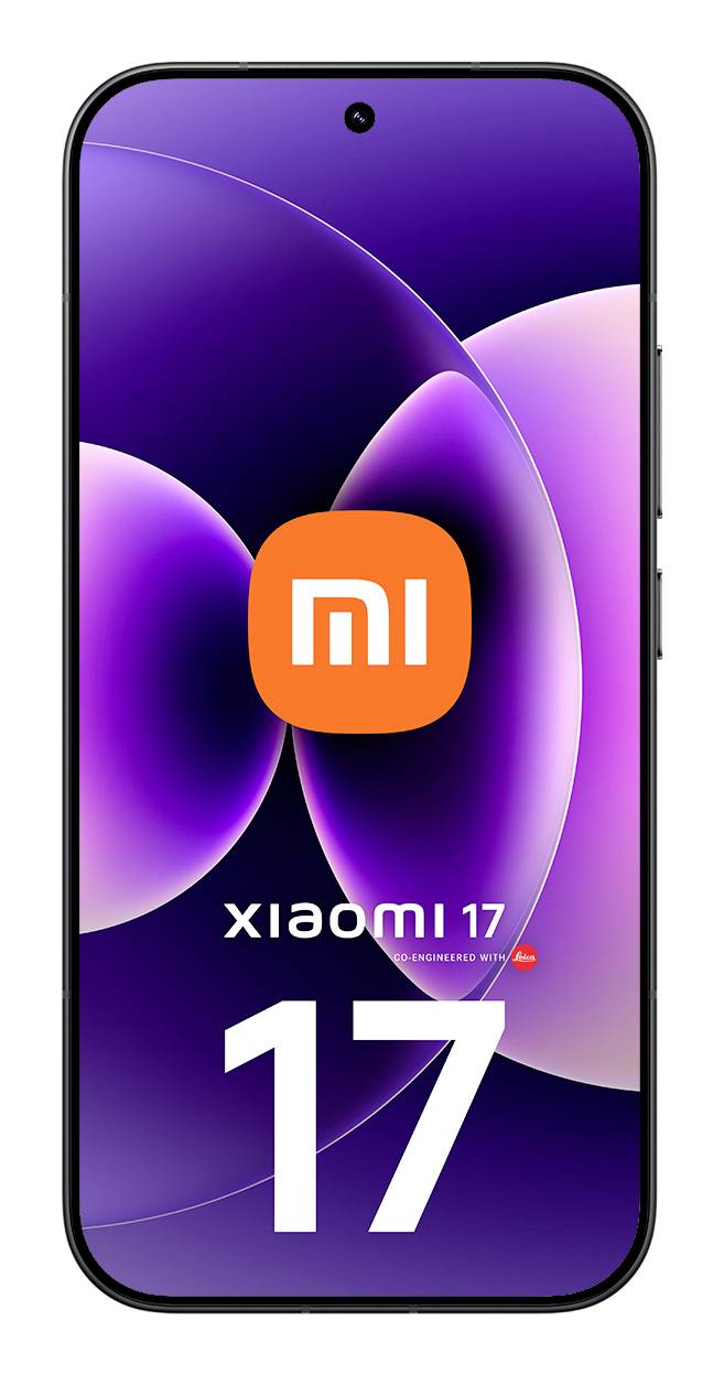 Xiaomi 17 Smartphone Vorderansicht mit violettem abstraktem Hintergrundbild, orangefarbenem Mi-Logo und großem „17"-Branding auf dem Bildschirm.