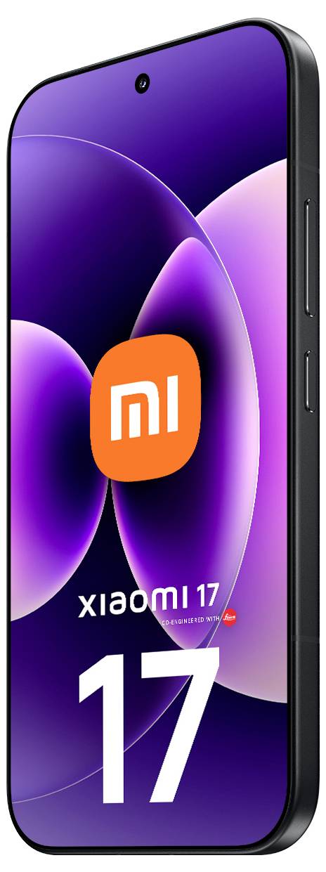 Xiaomi 17 Smartphone frontal dargestellt, mit violettem abstraktem Hintergrundbild und orangefarbenem Mi-Logo, zeigt die Nummer 17 auf dem Bildschirm an.