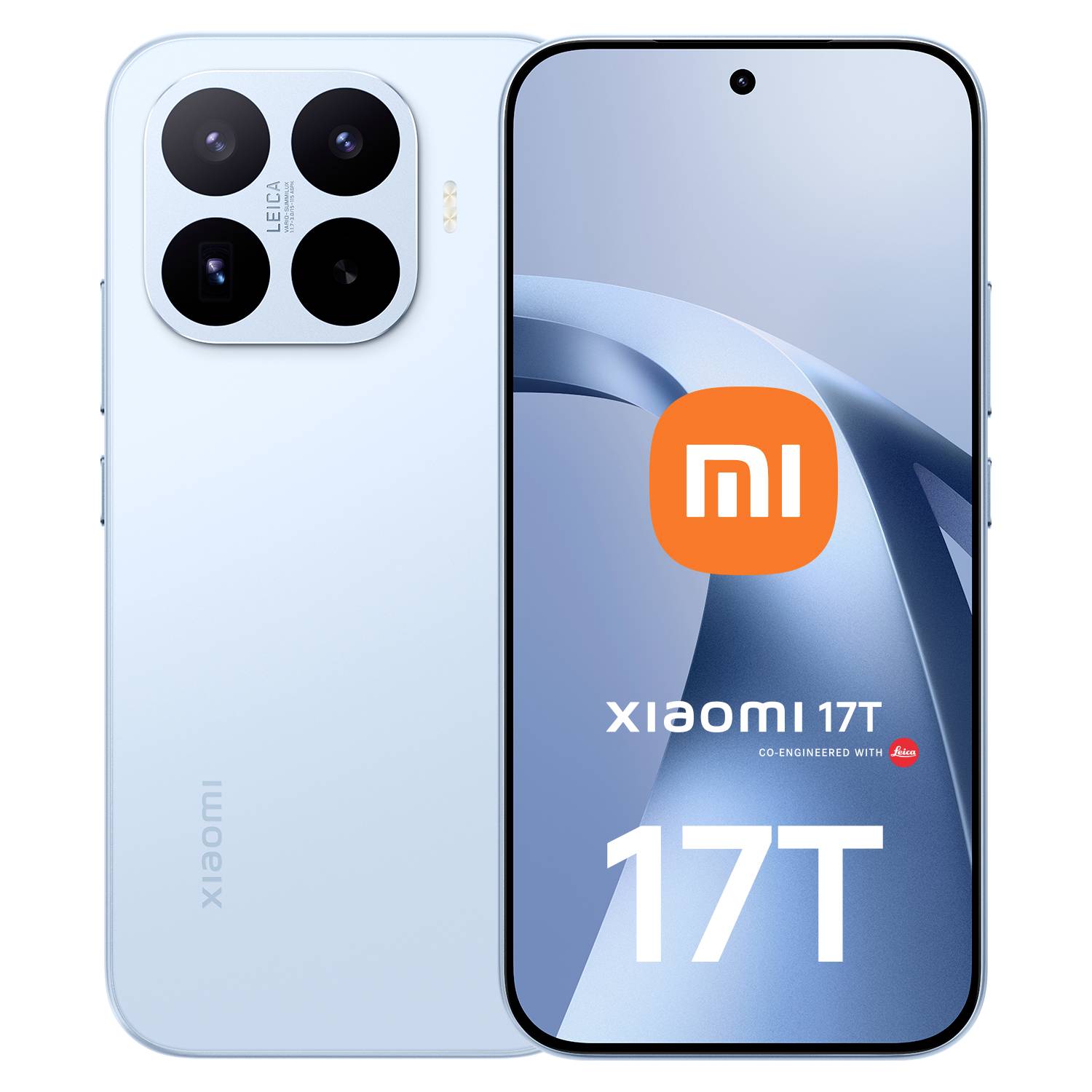 Xiaomi 17T Smartphone von vorne und hinten in Hellblau gezeigt, mit Triple-Kamera-Rückmodul und „17T"-Branding auf dem Display.