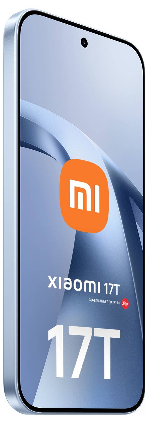 Frontansicht eines Xiaomi 17T-Smartphones, das das Display mit dem orangefarbenen Mi-Logo und dem Text „17T" auf einem blauen abstrakten Hintergrund zeigt.