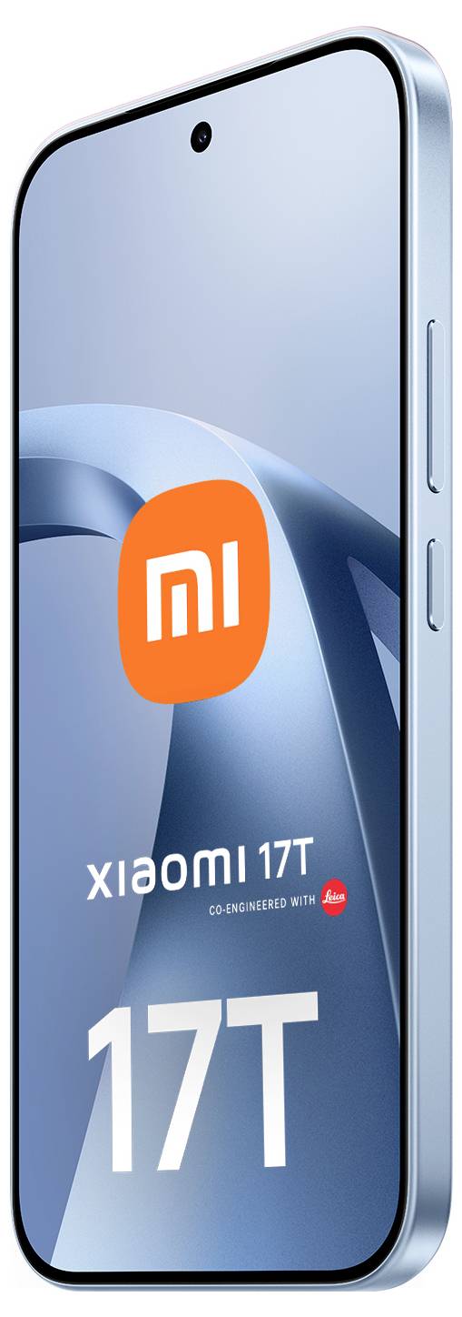 Xiaomi 17T Smartphone von vorne gezeigt mit blauem Display, zentriertem orangefarbenem Mi-Logo und "17T"-Branding am unteren Rand.