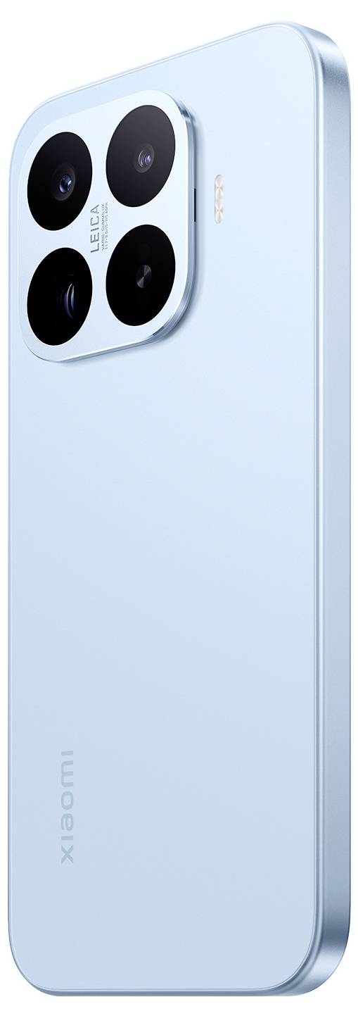 Hellblaues Xiaomi-Smartphone von hinten gezeigt, mit quadratischem Vier-Kamera-Modul und abgerundeten metallischen Kanten.