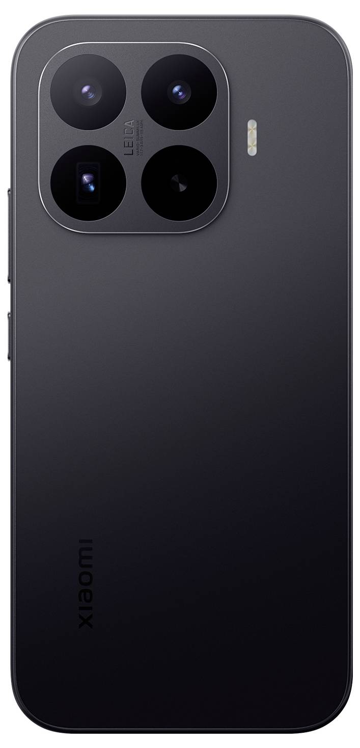 Rückseite eines schwarzen Xiaomi-Smartphones mit einem quadratischen Vier-Kamera-Modul und Blitz oben links, auf einem einfachen Hintergrund dargestellt.
