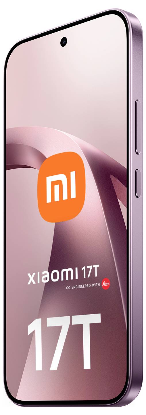 Xiaomi 17T Smartphone Vorderansicht mit rosafarbenem Display, zentriertem MI-Logo und „17T"-Text auf dem Bildschirm.