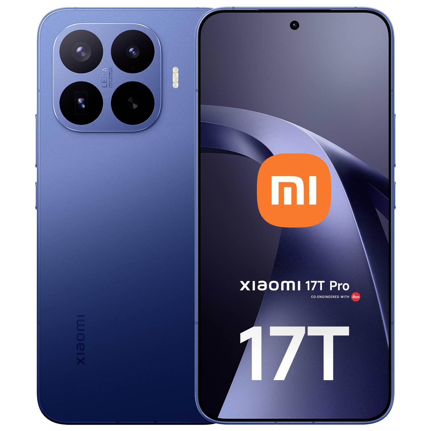 Blaues Xiaomi 17T Pro Smartphone von vorne und hinten gezeigt, mit Triple-Kamera-Modul auf der Rückseite und Bildschirm, auf dem das Xiaomi-Logo und die Markenbezeichnung „17T" angezeigt werden.