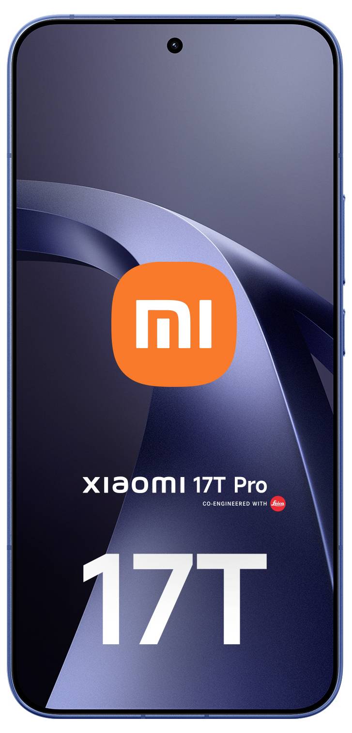 Xiaomi 17T Pro Smartphone-Display mit „mi"-Logo und großem „17T"-Text auf einem dunkelblauem Farbverlaufbildschirm.