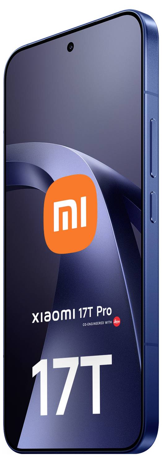 Vorderansicht eines blauen Xiaomi 17T Pro Smartphones, das den Bildschirm mit dem orangefarbenen "mi"-Logo und dem Text "17T" zeigt.