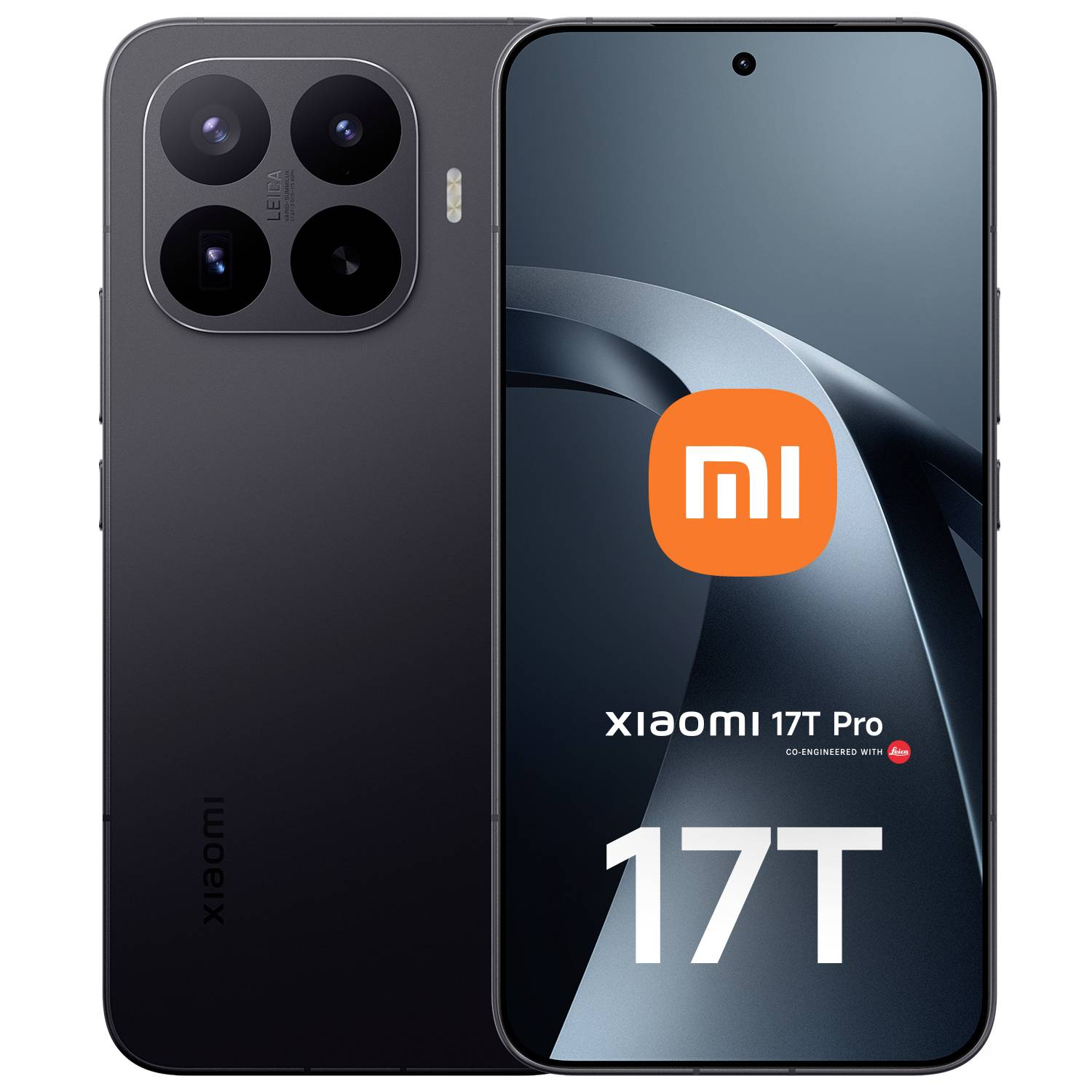 Vorder- und Rückseite eines Xiaomi 17T Pro-Smartphones in Dunkelgrau, mit großem Kameramodul auf der Rückseite und dem Bildschirm des Telefons mit Xiaomi-Branding.