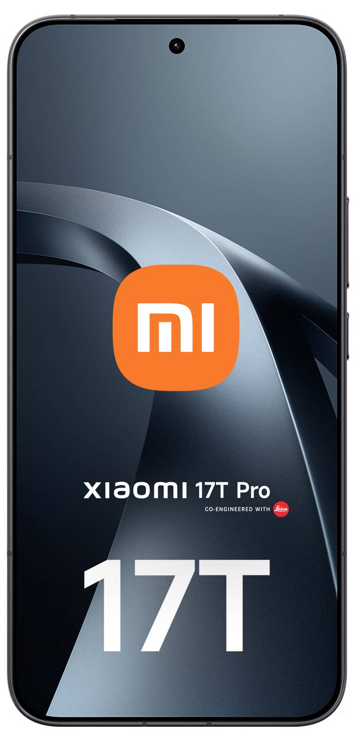 Frontansicht eines Xiaomi 17T Pro Smartphones mit dem "mi"-Logo, dem Modellnamen und großem "17T"-Text auf dem Bildschirm.