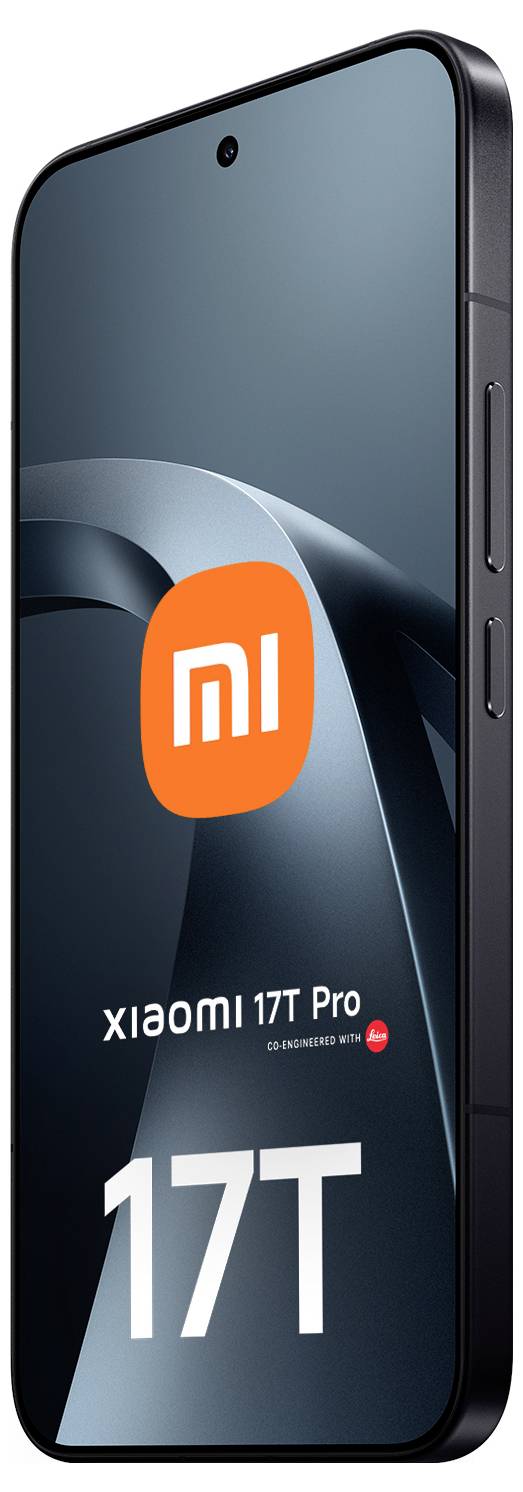 Frontansicht eines Xiaomi 17T Pro Smartphones mit schwarzem Rahmen, auf dem Display das 'mi' Logo und das Branding 'Xiaomi 17T Pro' zu sehen.
